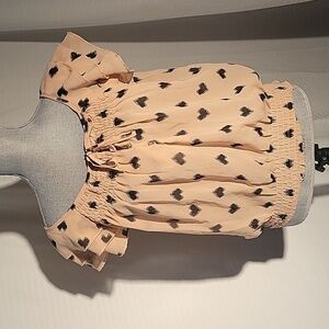 Marisol Womens Peach with Black Hearts, Bottom Elastic with Fluffy Cap Sleeve, L